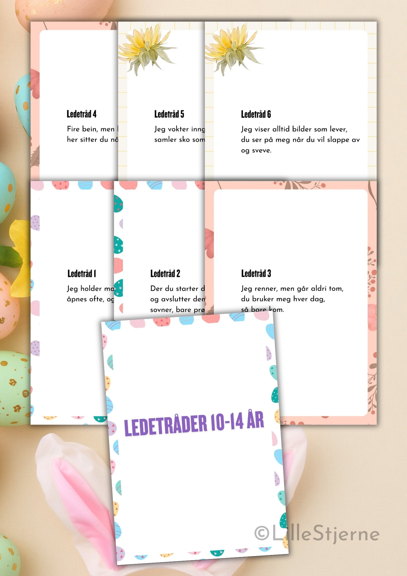 Ledetråd-kort for 10–14 år – norsk påskejakt med rimede gåter, vist i fan med ulike designs