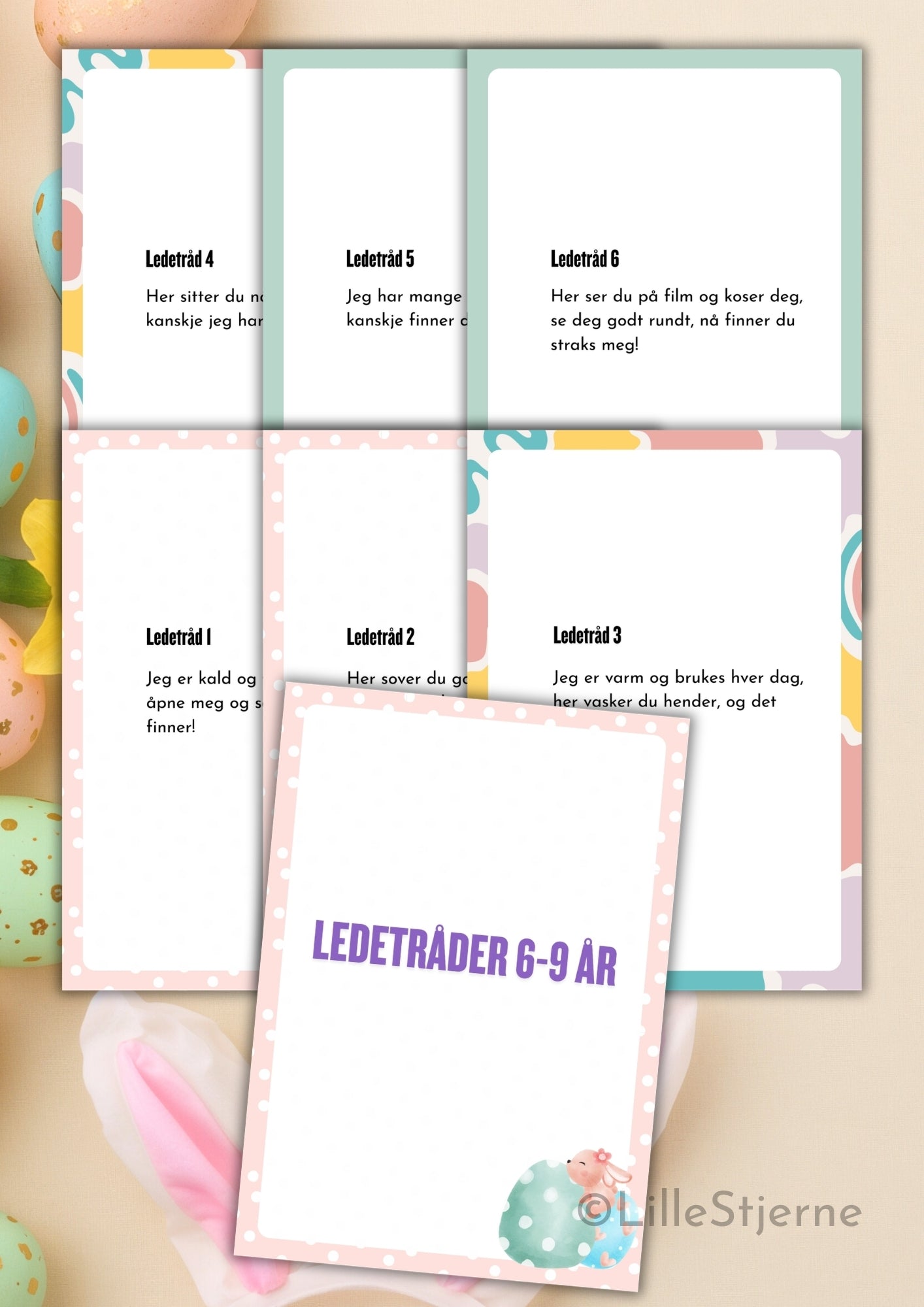 Ledetråd-kort for 6–9 år – norsk påskejakt printable med kawaii-design og rimede ledetråder