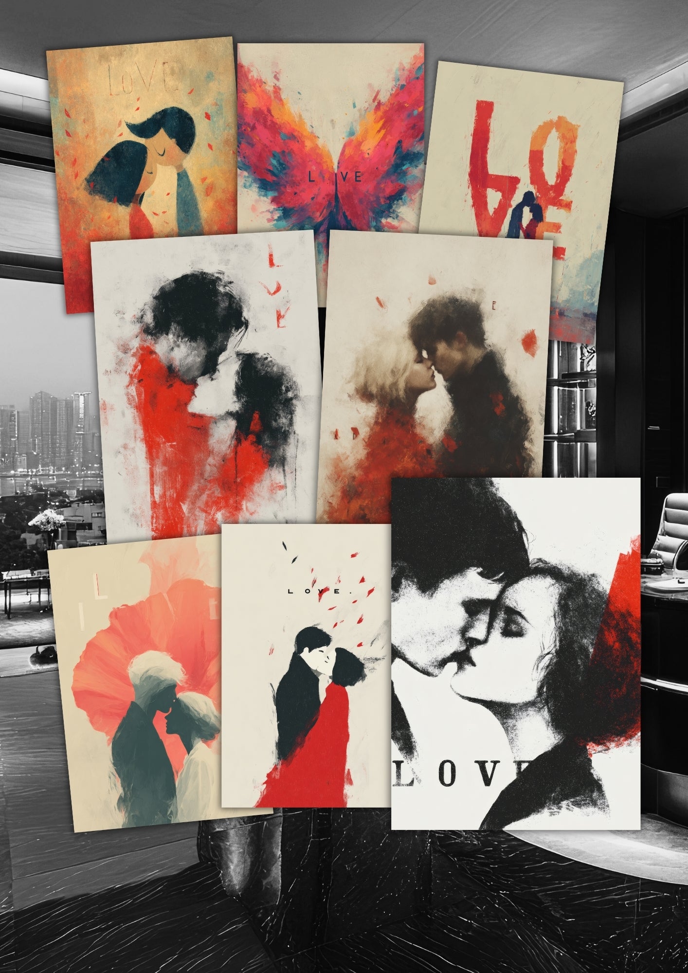 Alle 8 LOVE-kunstplakater samlet – romantisk veggkunst med abstrakte kjærlighetsmotiver i rødt, sort og beige – digital utskrift fra LilleStjerne