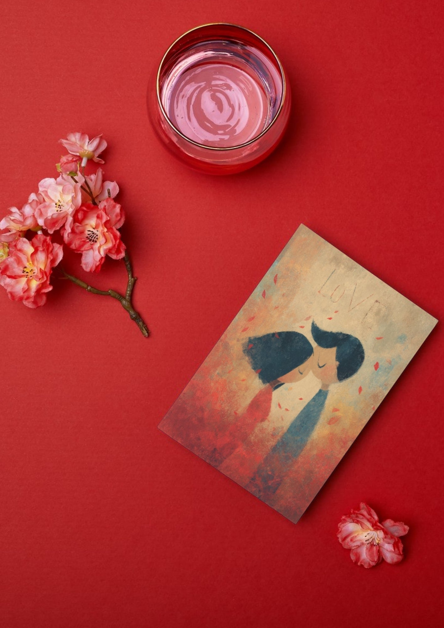 LOVE valentinkort med illustrasjon av kyssende par på rød bakgrunn med kirsebærblomster – digital utskrift kort fra LilleStjerne