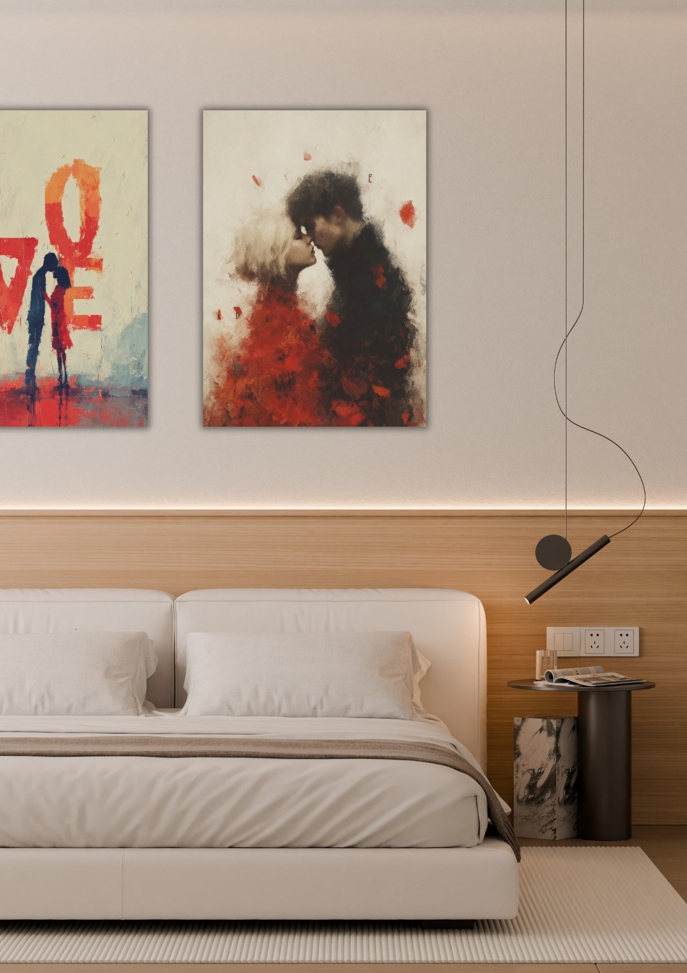 To romantiske LOVE-kunstplakater over seng i moderne soverom – abstrakt kjærlighetskunst i rødt, sort og beige – digital veggkunst fra LilleStjerne