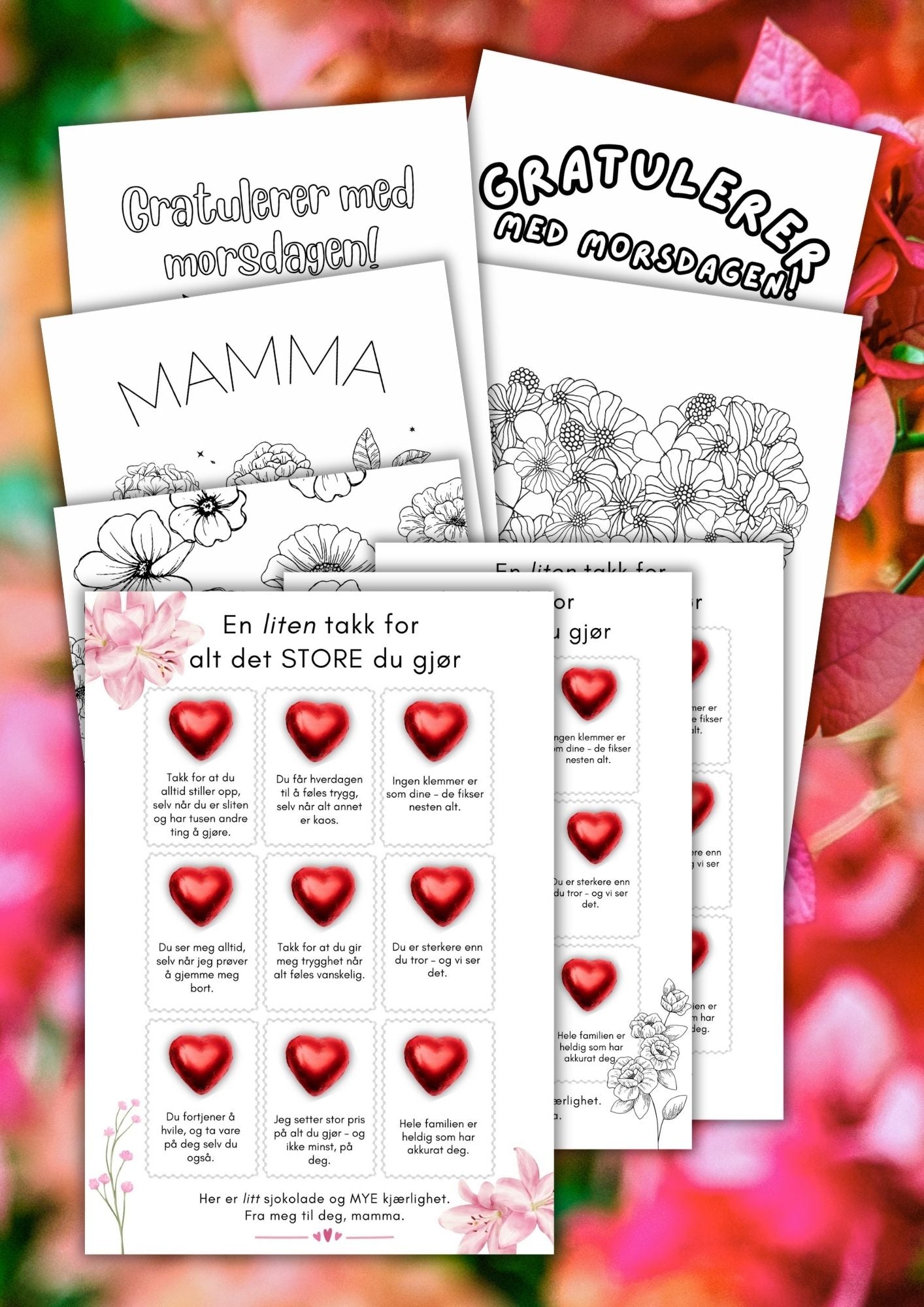 Et helt spesielt kort til morsdag | Skriv ut og lim på hjertesjokolader | PDF utskrift