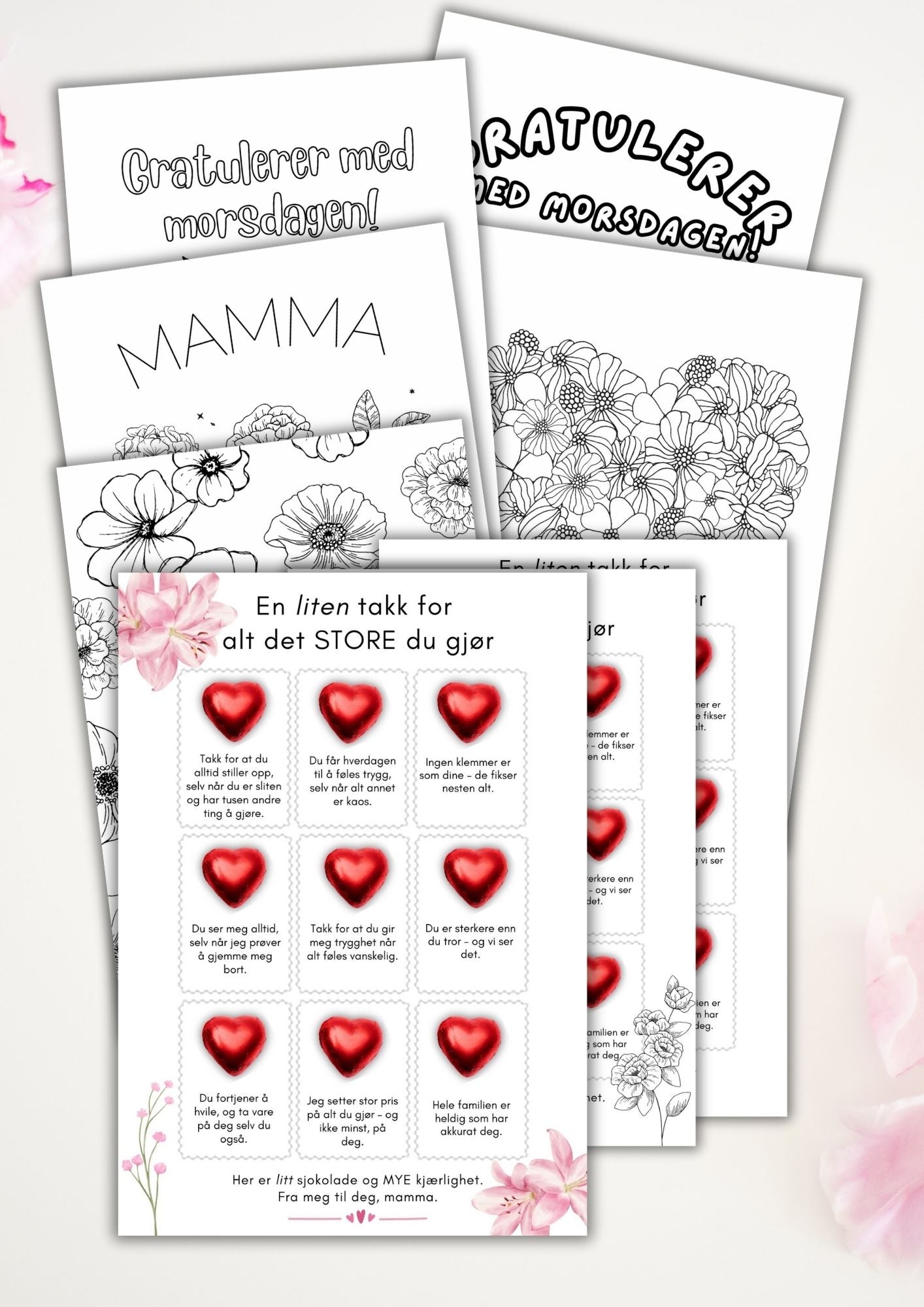 Et helt spesielt kort til morsdag | Skriv ut og lim på hjertesjokolader | PDF utskrift