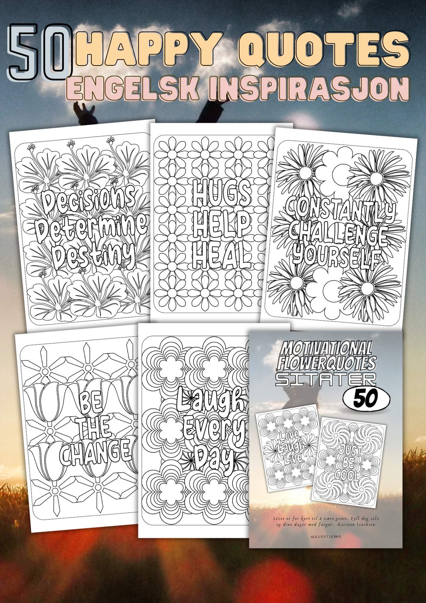 Inspirasjon sitat engelsk | Fargelegg happy quotes 50 sider | PDF og PNG