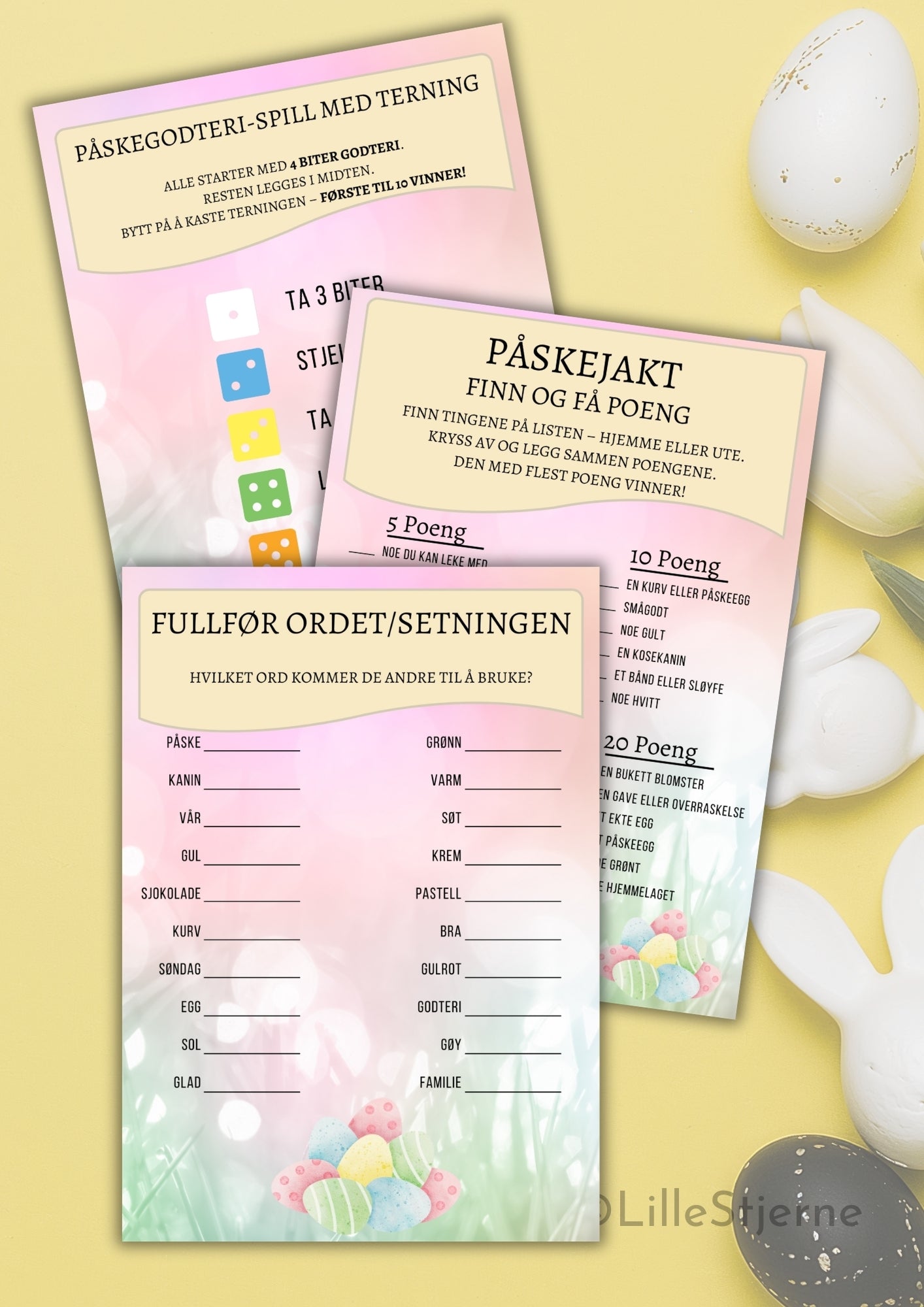 Påskeaktiviteter til påskebordet – terningspill, påskejakt og fullfør ordet, utskrivbare ark