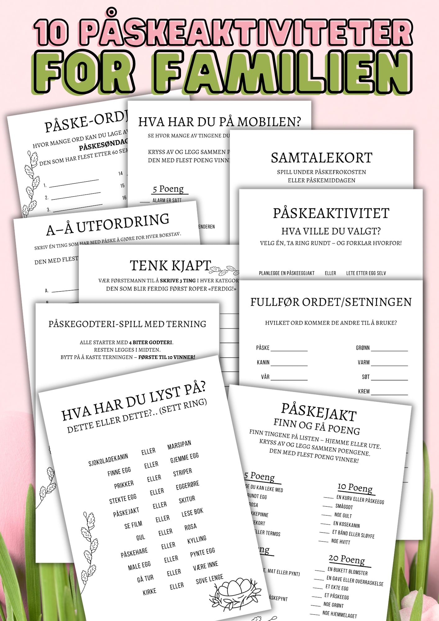 10 påskeaktiviteter sort-hvitt versjon – pakkeovervisning med botanisk design, klar til utskrift