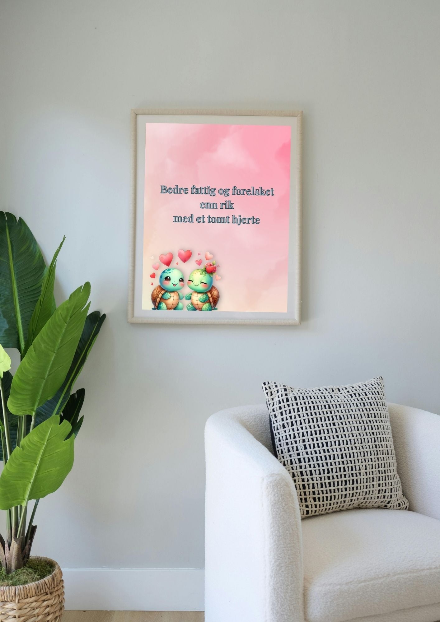 Kjærlighetssitat på norsk med skilpadder – Å elske er ikke å se på hverandre men å se i samme retning – utskriftsbar plakat