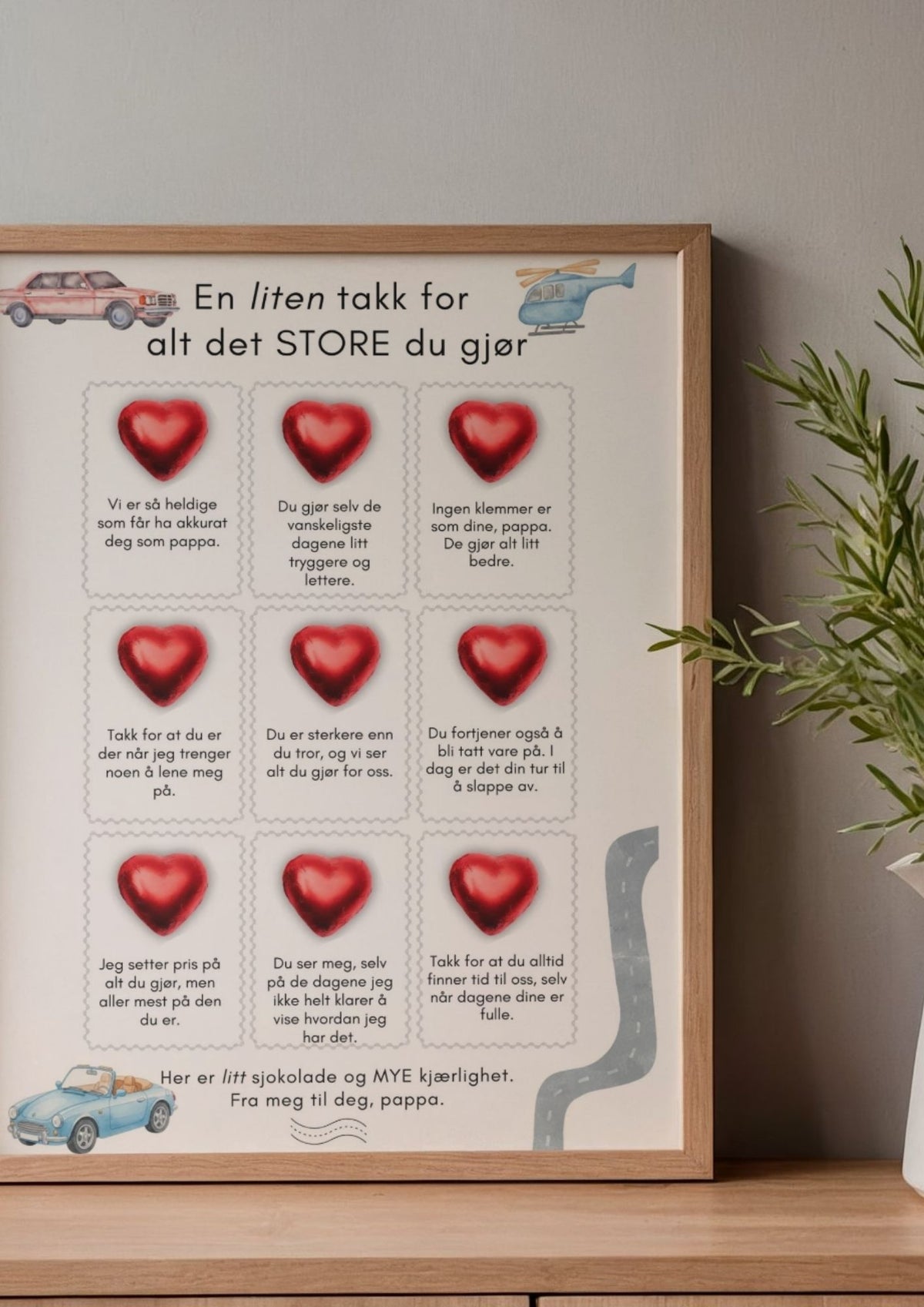 Farsdagskort med ni røde sjokoladehjerter i treramme
