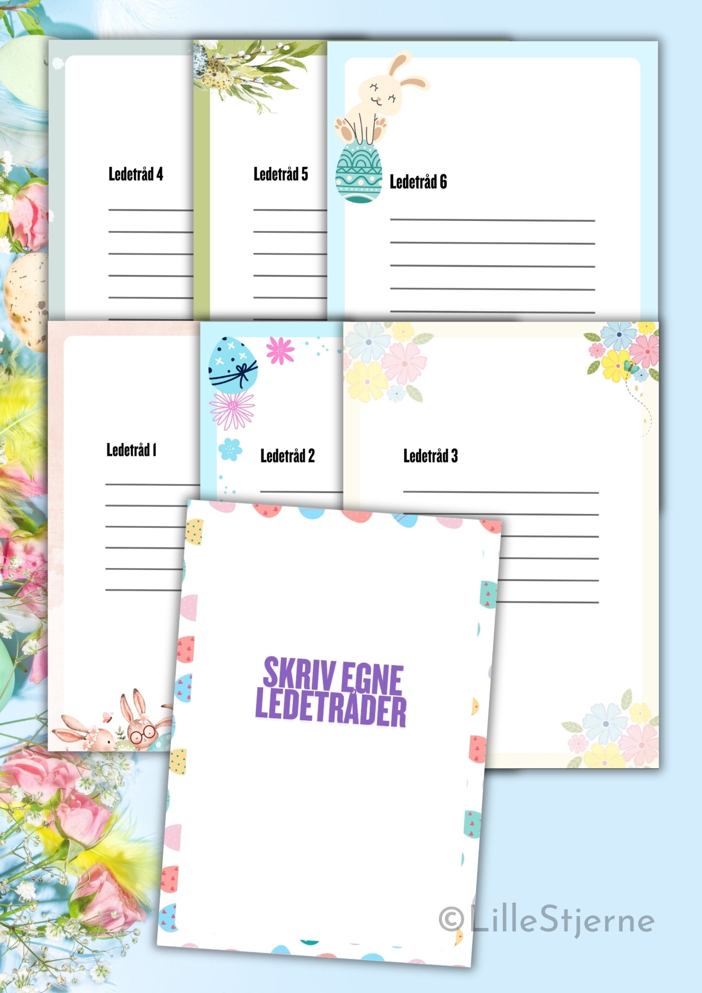 Blanke ledetråd-kort til påskejakten – skriv egne ledetråder, norsk printable med påskepynt