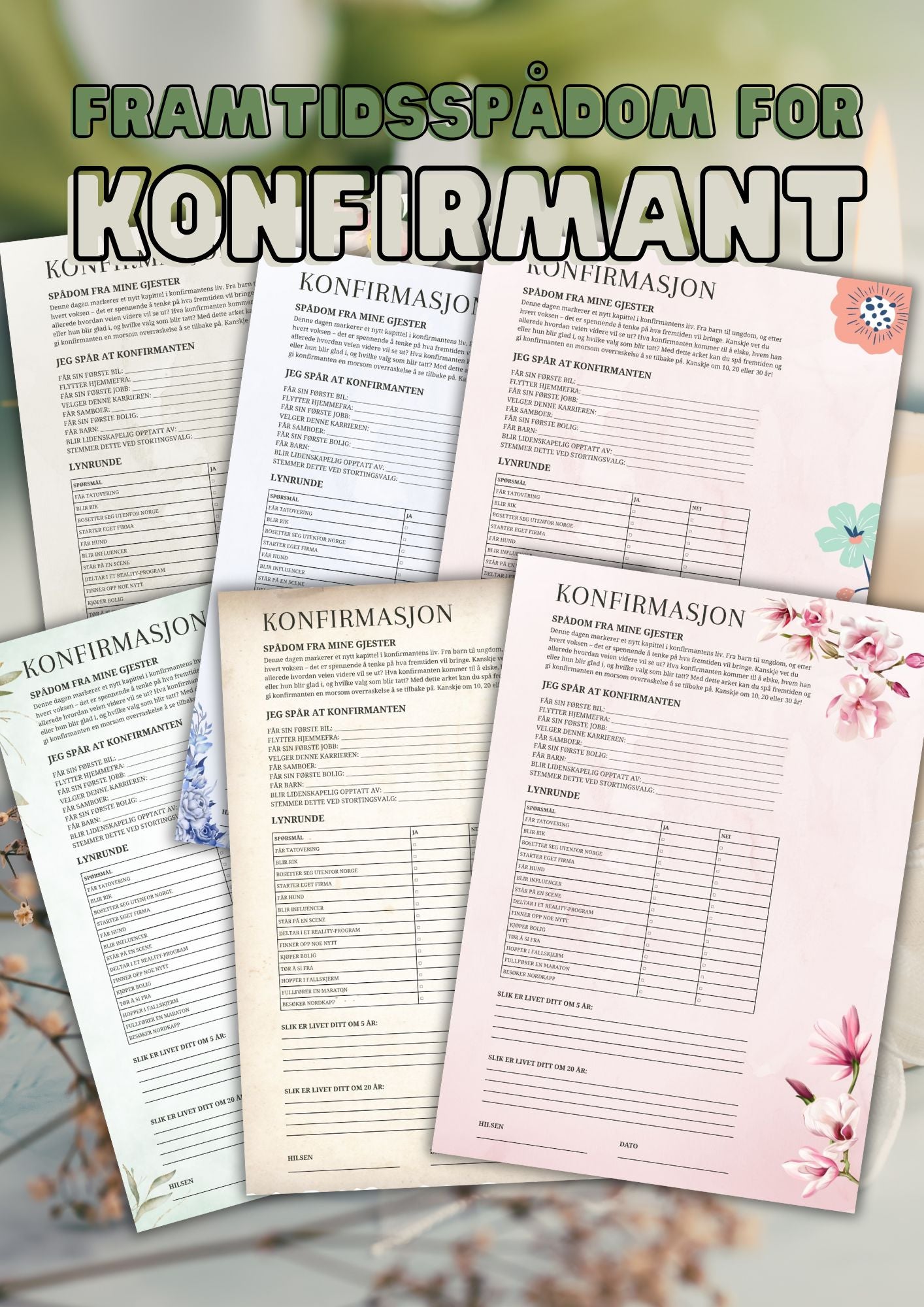 Framtidsspådom for konfirmanten | 6 motiv inkludert | Skriv ut A4-ark