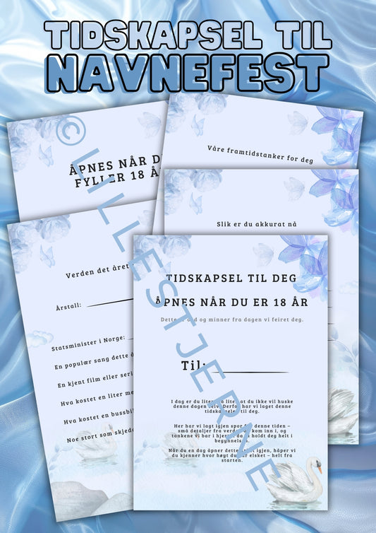 Blå tidskapsel til navnefest med svaneillustrasjon, personlig minneark i A4 PDF