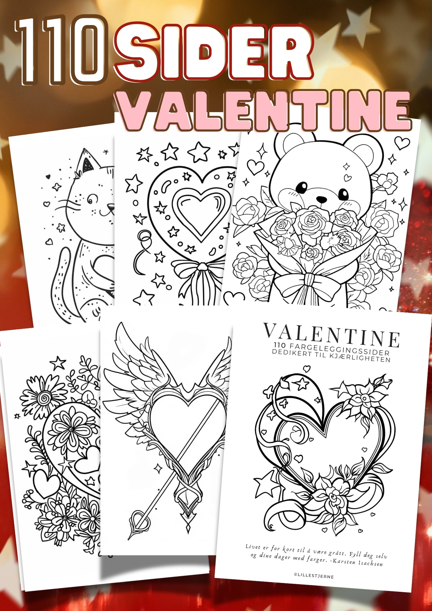 Forsidebilde for valentins fargeleggingsbok med 110 sider – viser seks ulike fargeleggingsmotiver med hjerter, bamser, katter og blomster fra LilleStjerne