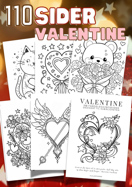 Forsidebilde for valentins fargeleggingsbok med 110 sider – viser seks ulike fargeleggingsmotiver med hjerter, bamser, katter og blomster fra LilleStjerne