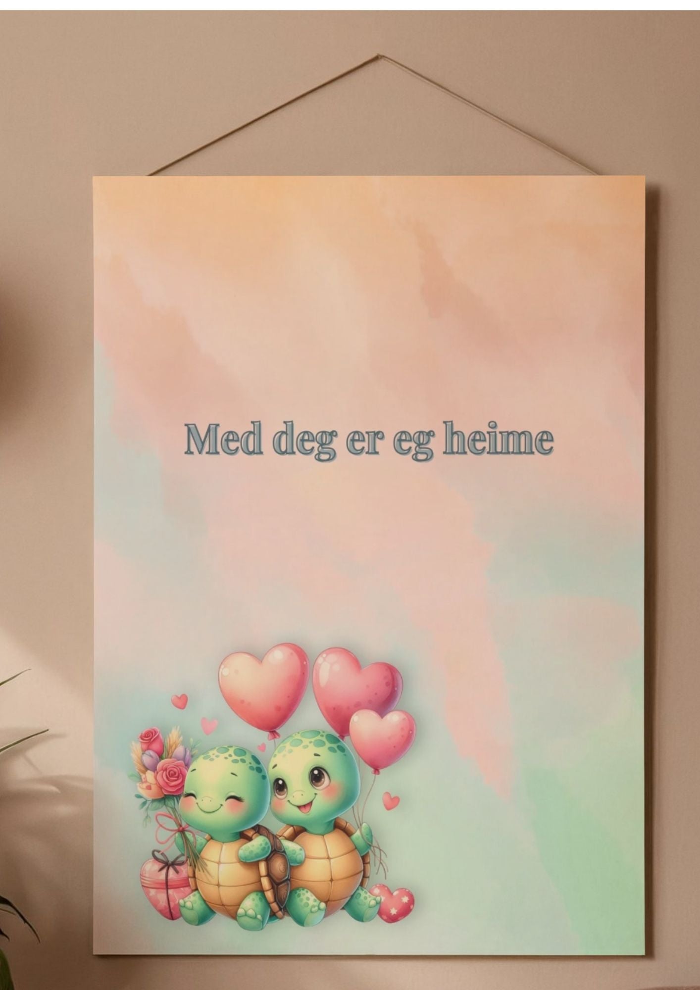 Nynorsk kjærlighetssitat – Med deg er eg heime – valentinsdag veggkunst med skilpadder